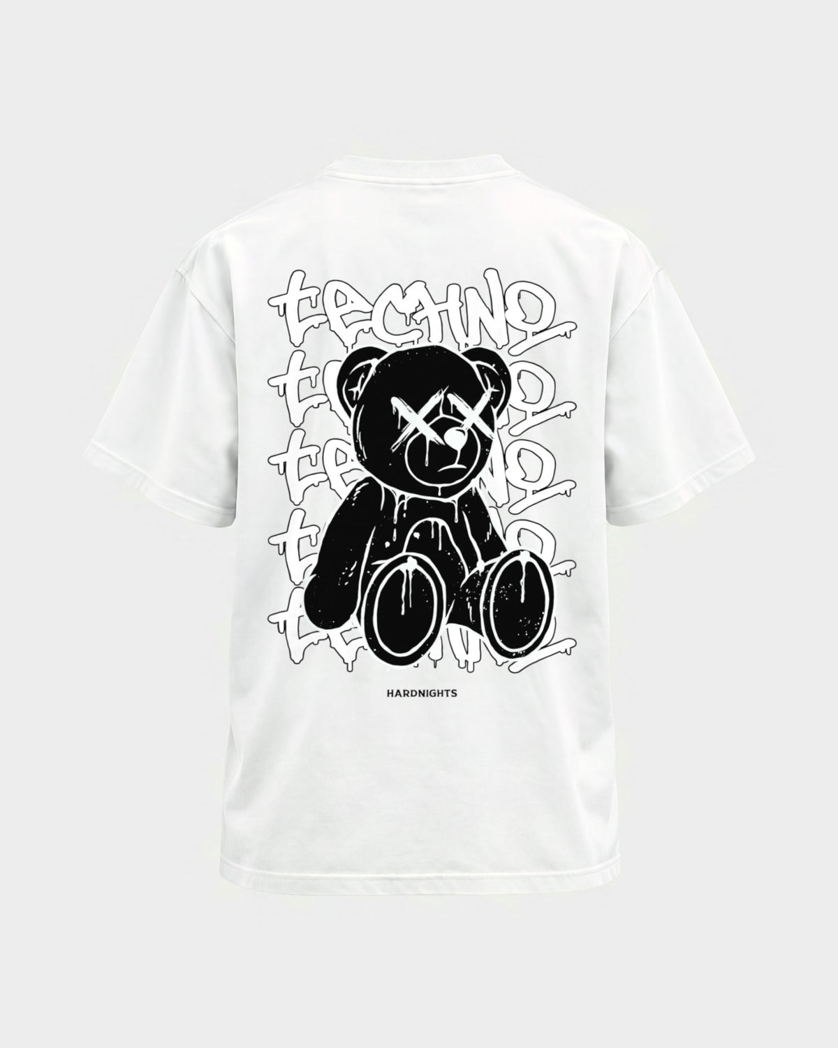 Techno Bear – Basic Shirt in Weiß, Rückenprint – Hard Nights
