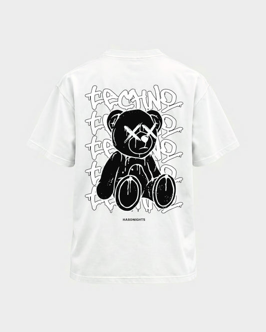 Techno Bear – Basic Shirt in Weiß, Rückenprint – Hard Nights