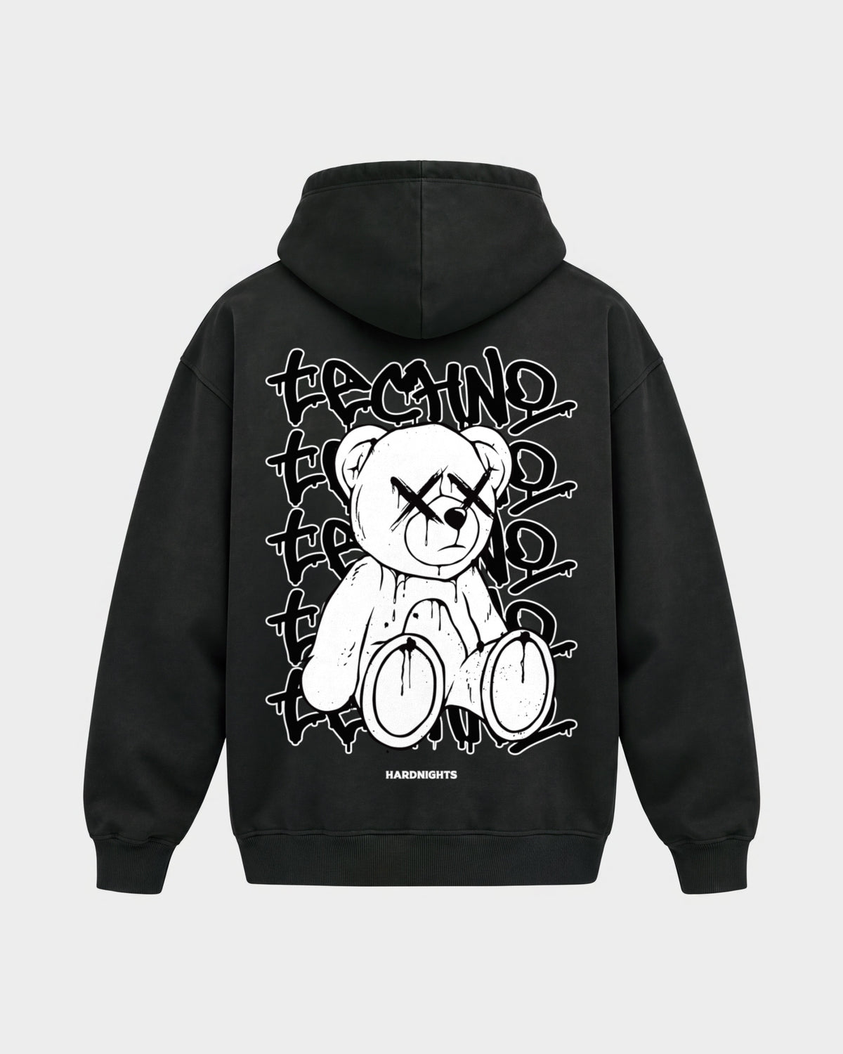 Techno Bear – Oversized Hoodie in Schwarz, Rückenprint – Hard Nights