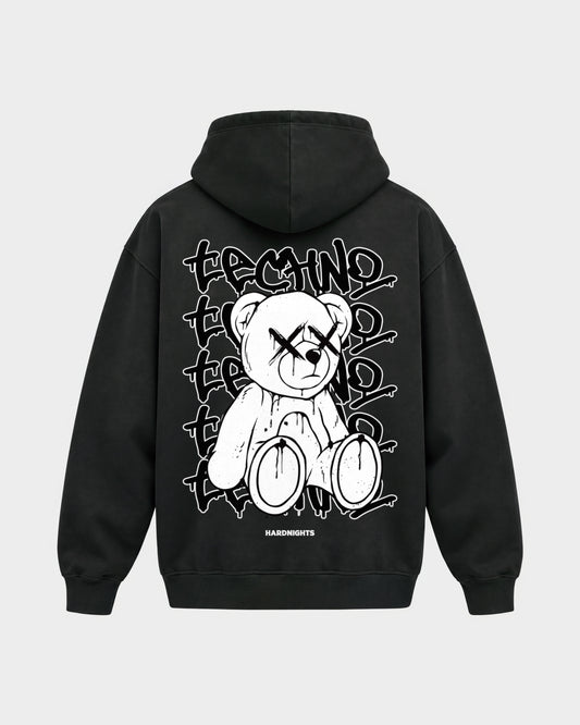 Techno Bear – Oversized Hoodie in Schwarz, Rückenprint – Hard Nights