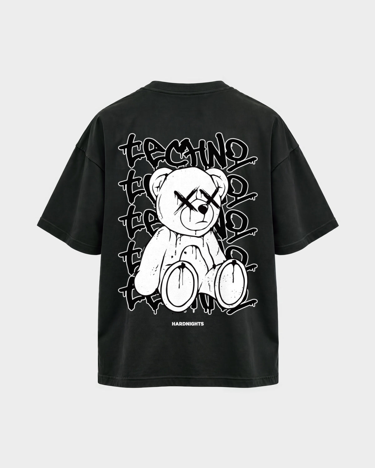 Techno bear – Oversized Shirt in Schwarz, Rückenprint – Hard Nights