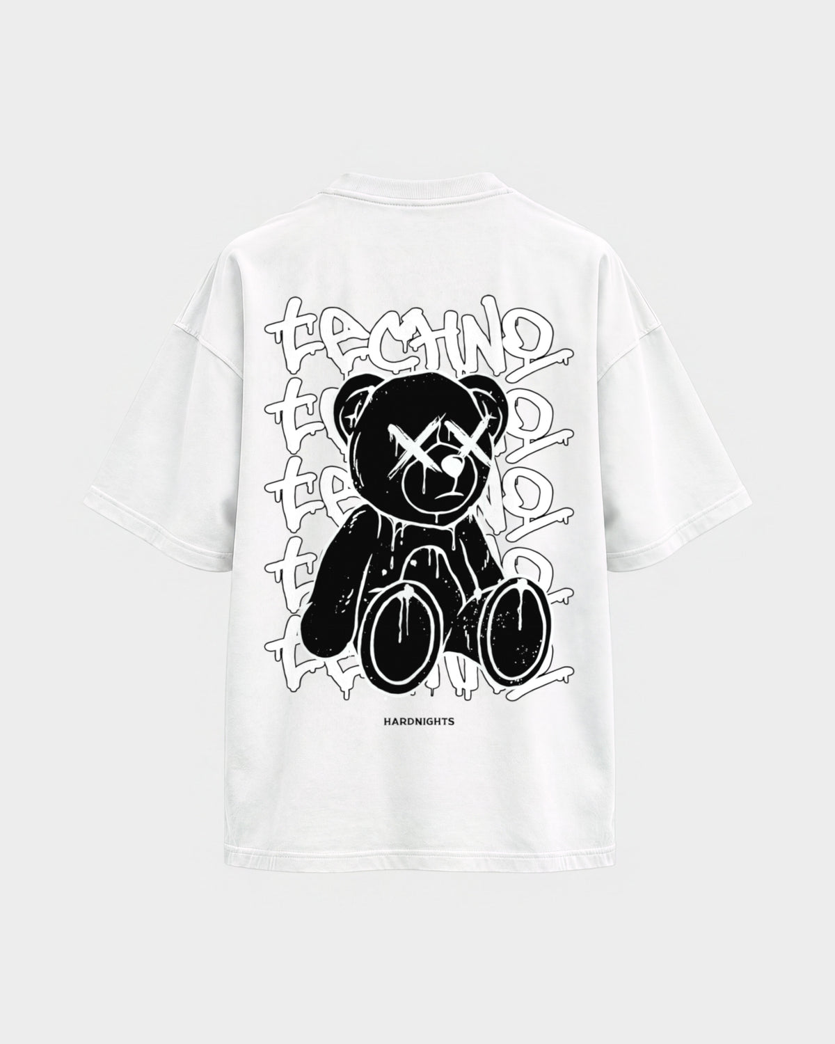 Techno bear – Oversized Shirt in Weiß, Rückenprint – Hard Nights