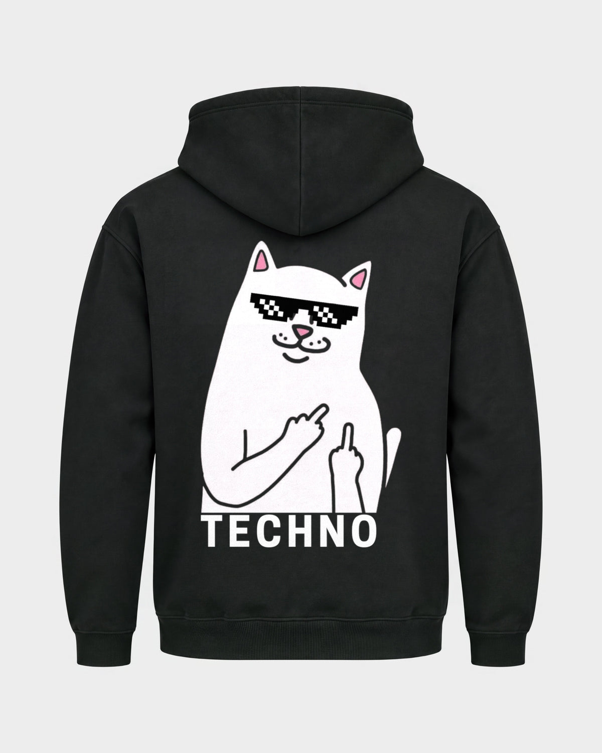 Techno Cat – Basic Hoodie in Schwarz, Rückenprint – Hard Nights