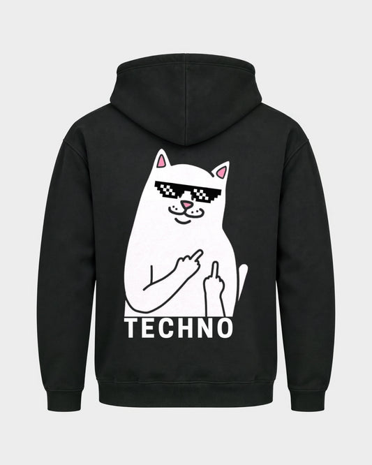 Techno Cat – Basic Hoodie in Schwarz, Rückenprint – Hard Nights