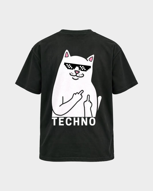 Techno Cat – Basic Shirt in Schwarz, Rückenprint – Hard Nights