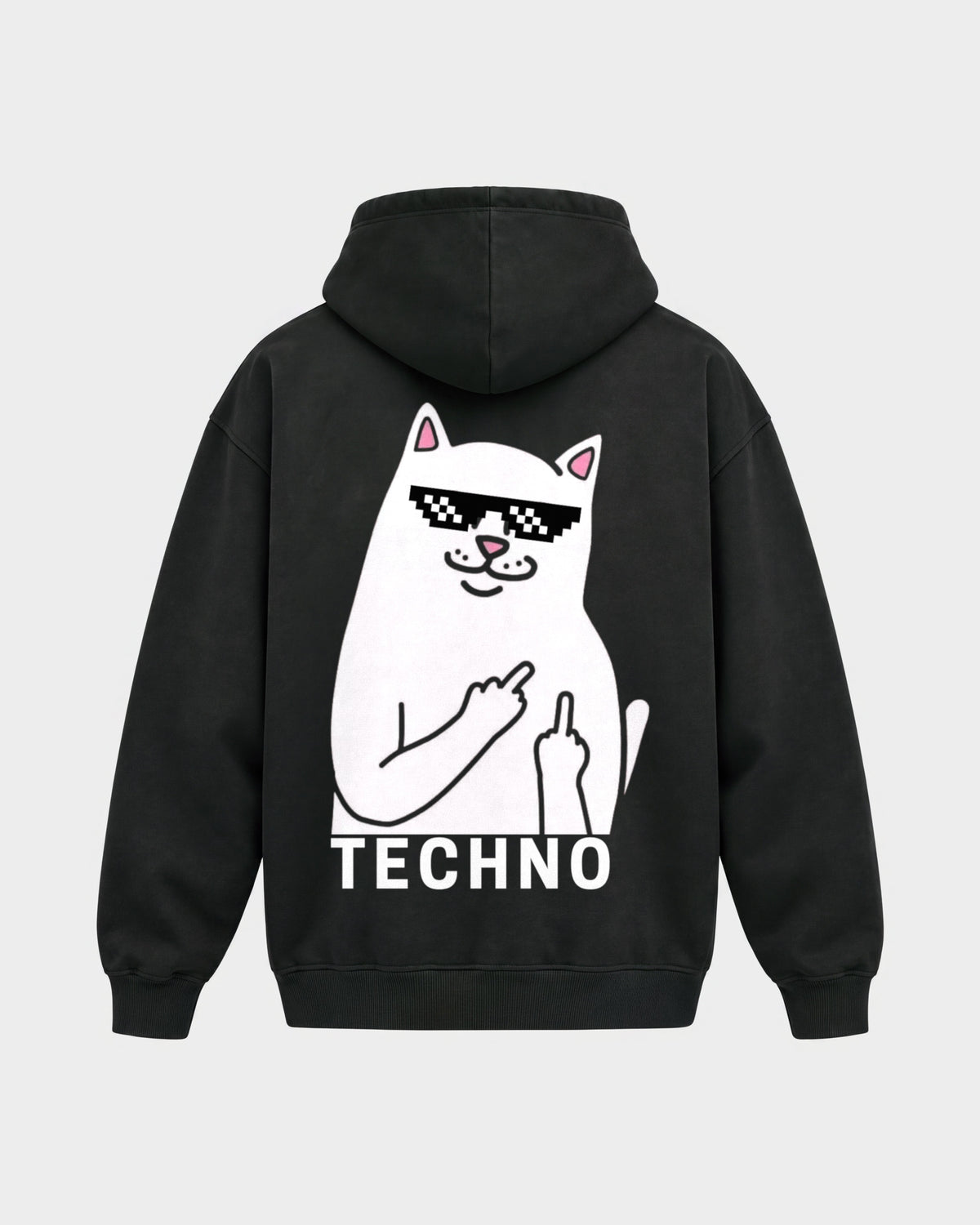 Techno Cat – Oversized Hoodie in Schwarz, Rückenprint – Hard Nights