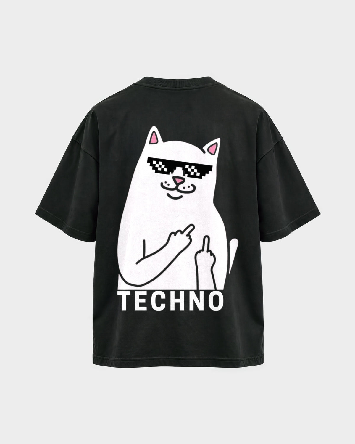 Techno Cat – Oversized Shirt in Schwarz, Rückenprint – Hard Nights