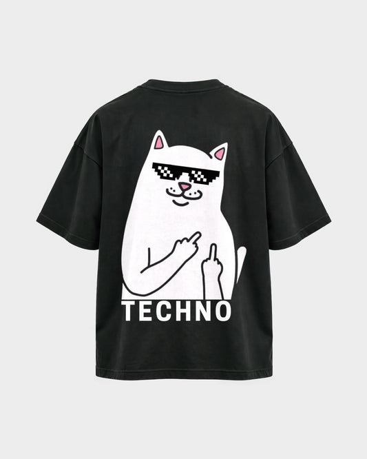 Techno Cat – Oversized Shirt in Schwarz, Rückenprint – Hard Nights