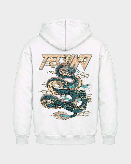 Techno Dragon – Basic Hoodie in Weiß, Rückenprint – Hard Nights
