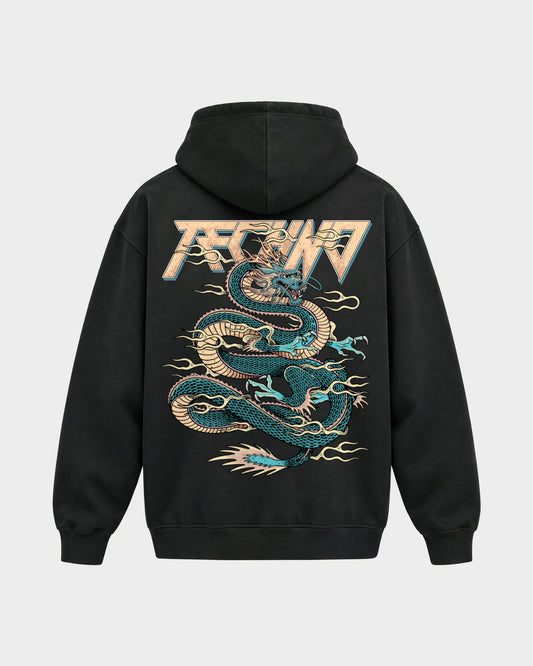 Techno Dragon – Oversized Hoodie in Schwarz, Rückenprint – Hard Nights