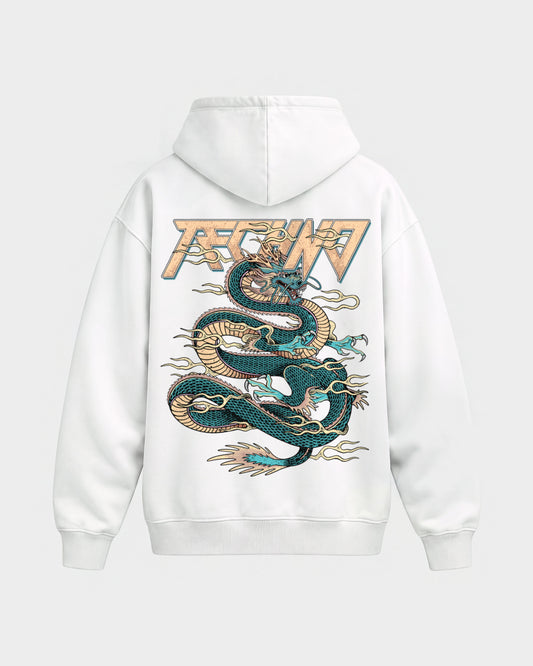 Techno Dragon – Oversized Hoodie in Weiß, Rückenprint – Hard Nights