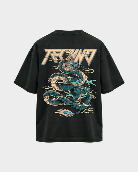 Techno Dragon – Oversized Shirt in Schwarz, Rückenprint – Hard Nights