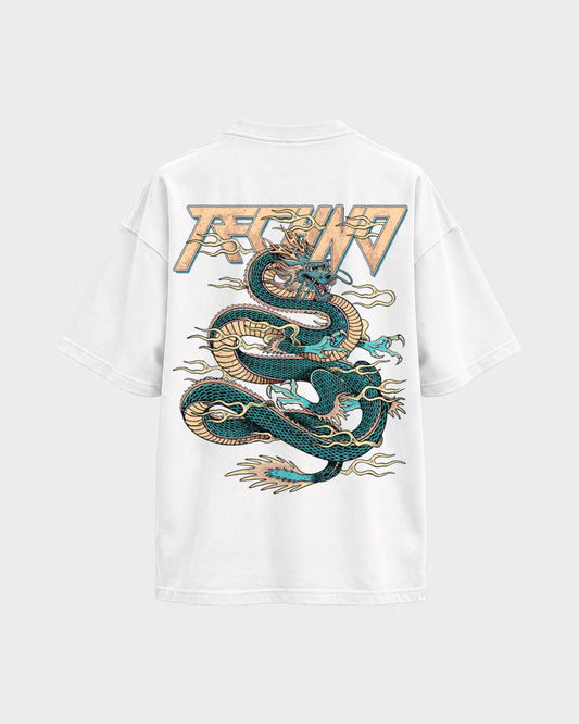 Techno Dragon – Oversized Shirt in Weiß, Rückenprint – Hard Nights
