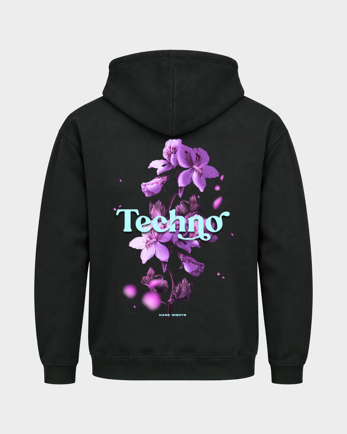 Techno Flowers – Basic Hoodie in Schwarz, Rückenprint – Hard Nights