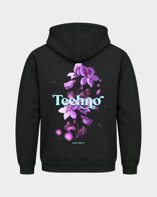 Techno Flowers – Basic Hoodie in Schwarz, Rückenprint – Hard Nights
