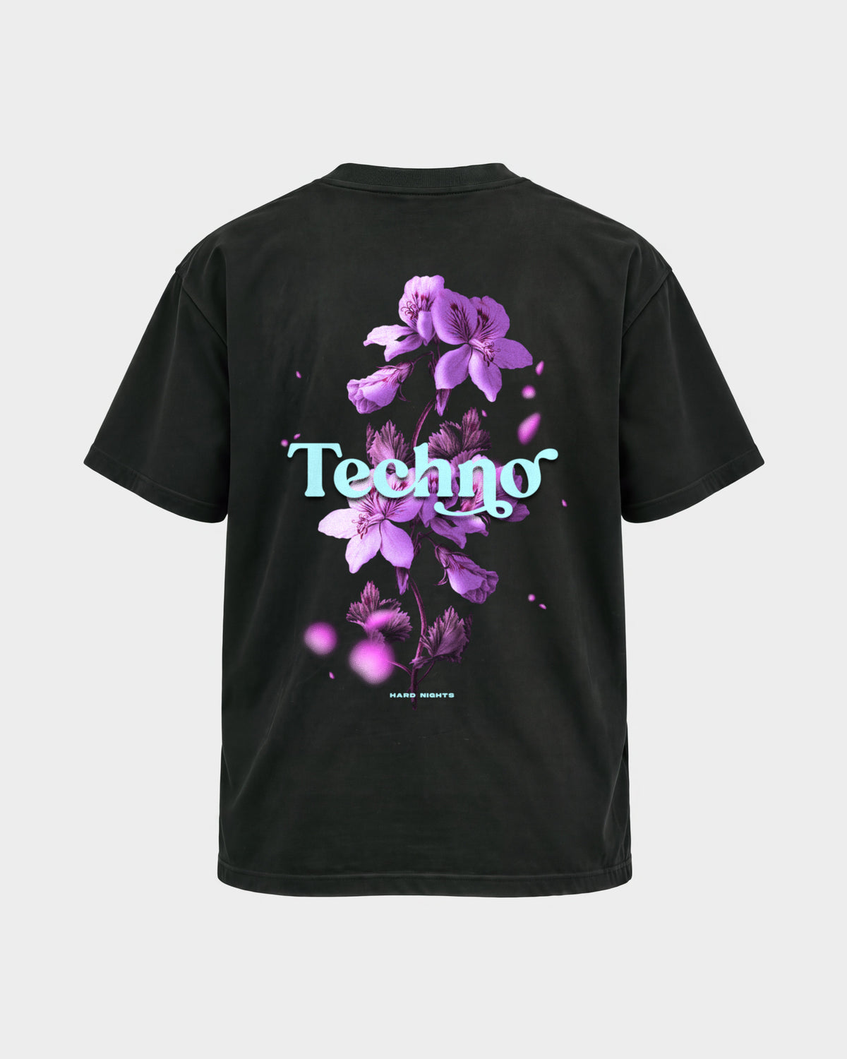 Techno Flowers – Basic Shirt in Schwarz, Rückenprint – Hard Nights