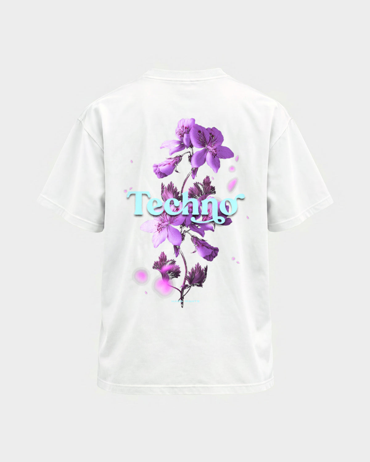Techno Flowers – Basic Shirt in Weiß, Rückenprint – Hard Nights