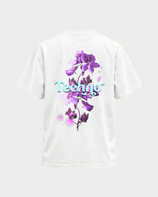 Techno Flowers – Basic Shirt in Weiß, Rückenprint – Hard Nights