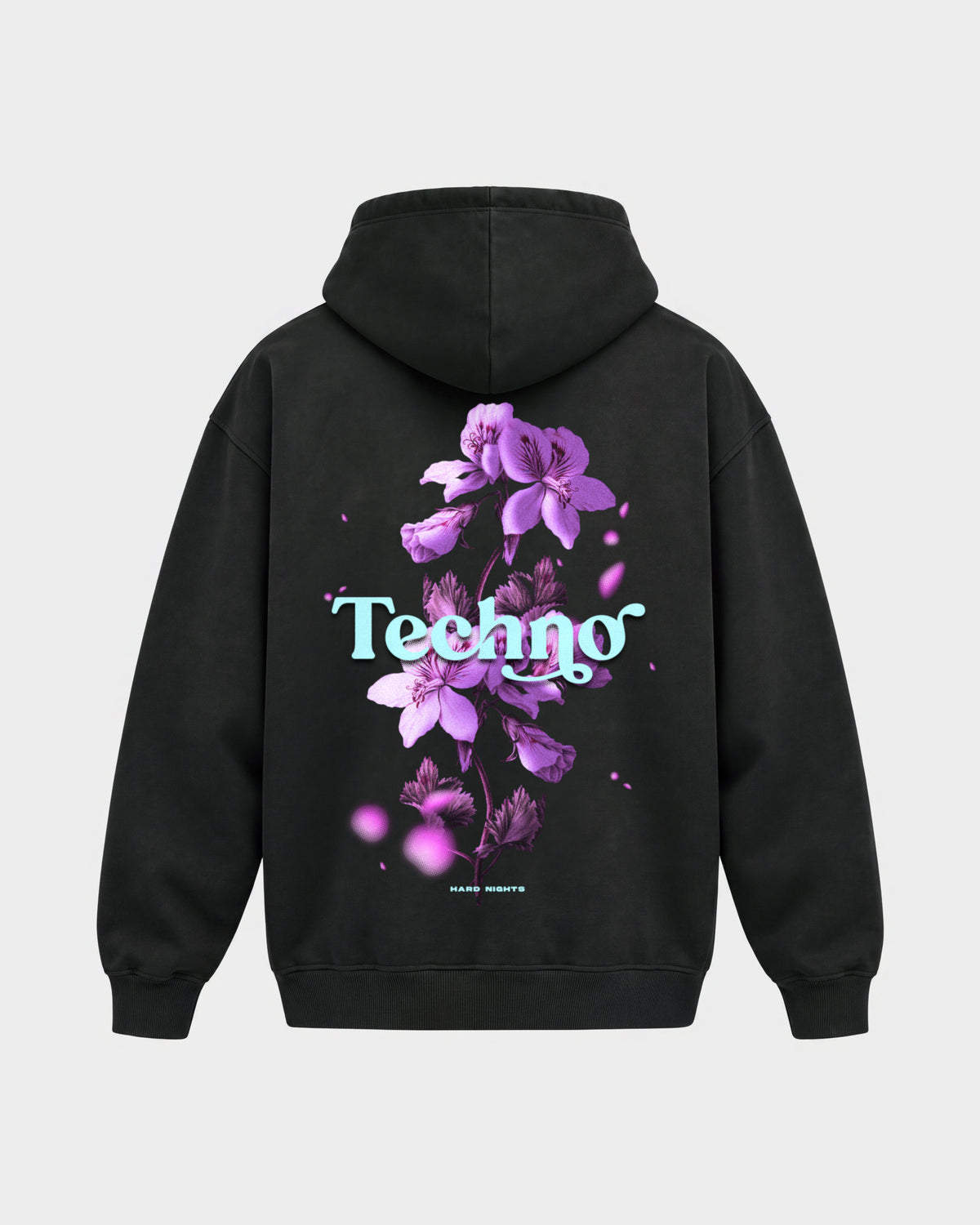 Techno Flowers – Oversized Hoodie in Schwarz, Rückenprint – Hard Nights