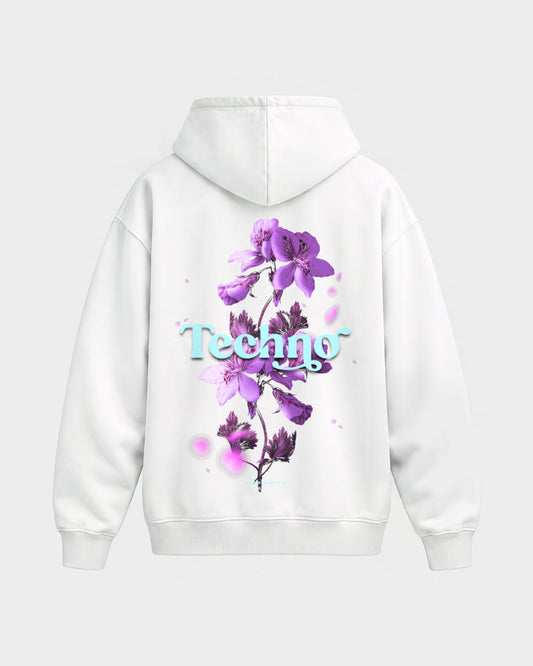 Techno Flowers – Oversized Hoodie in Weiß, Rückenprint – Hard Nights