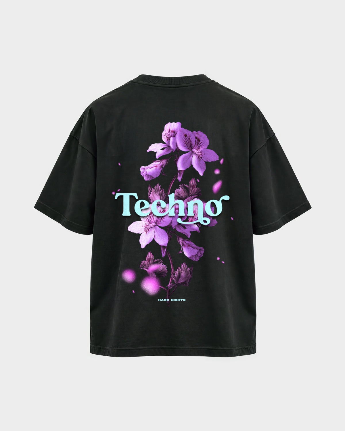 Techno Flowers – Oversized Shirt in Schwarz, Rückenprint – Hard Nights