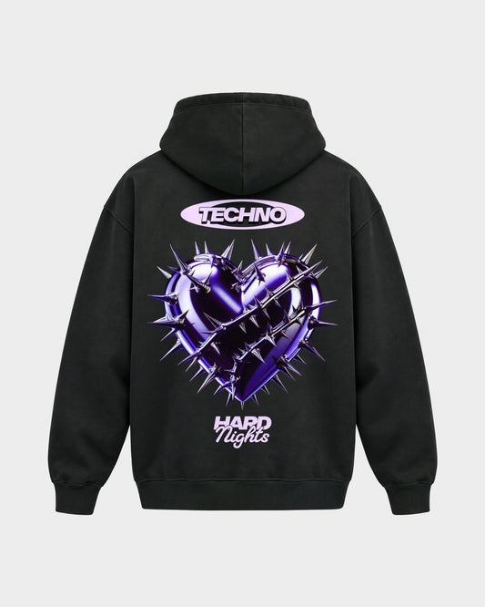 Techno Heart – Oversized Hoodie in Schwarz, Rückenprint – Hard Nights