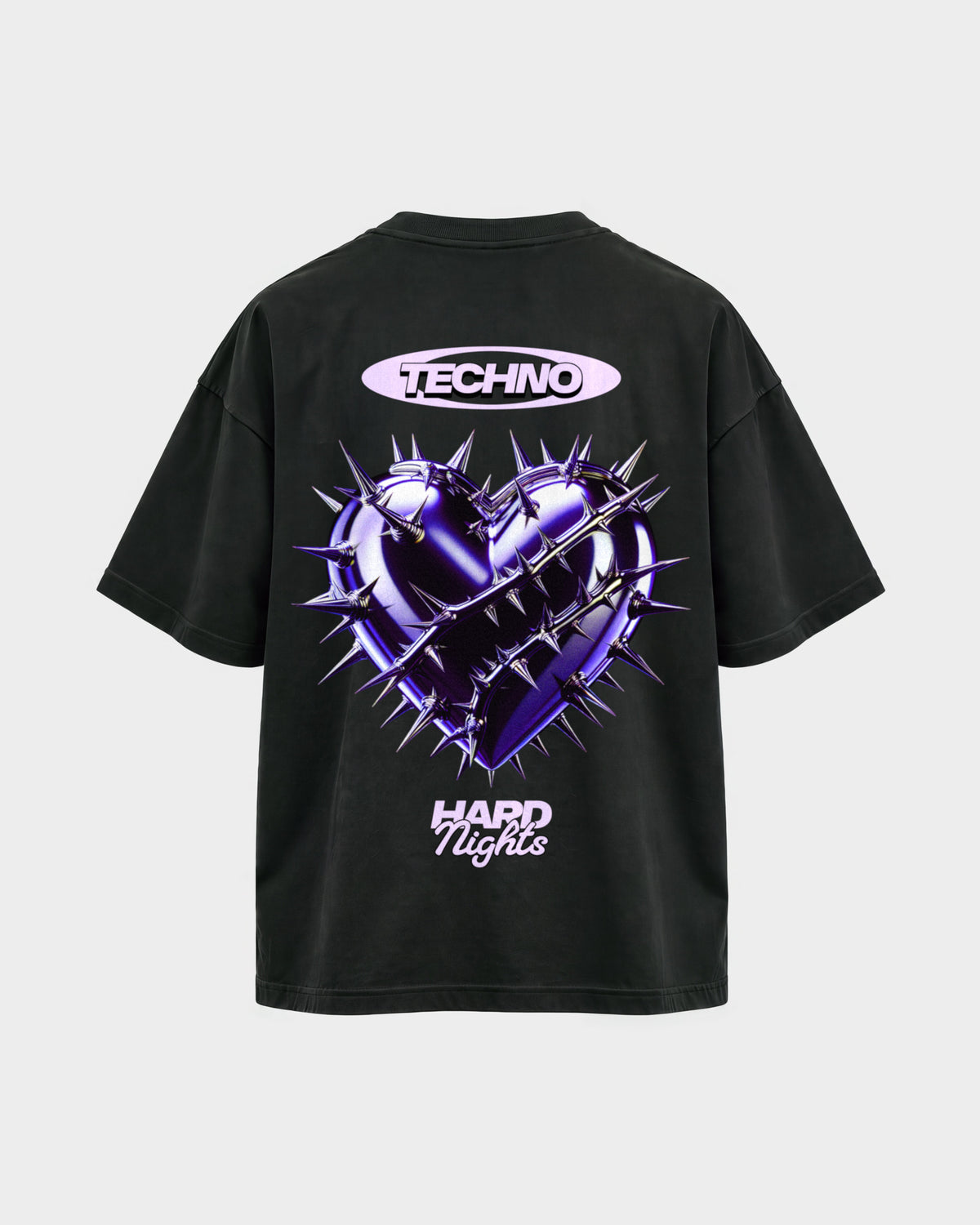 Techno Heart – Oversized Shirt in Schwarz, Rückenprint – Hard Nights