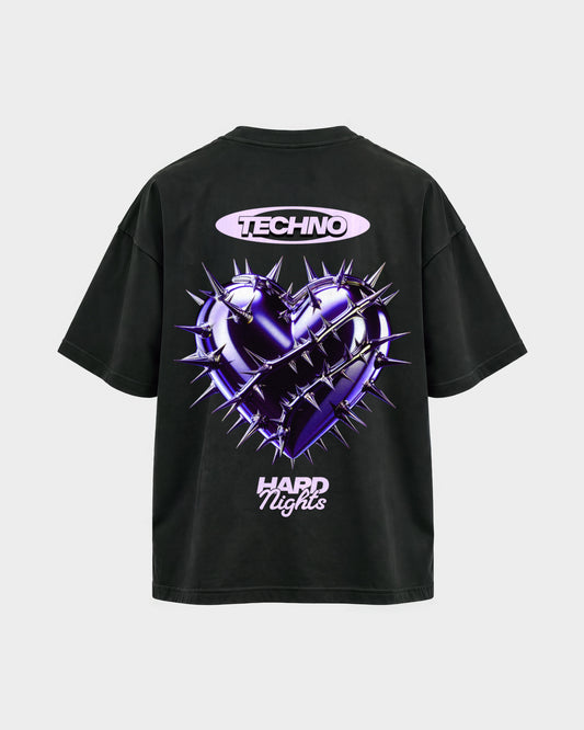 Techno Heart – Oversized Shirt in Schwarz, Rückenprint – Hard Nights