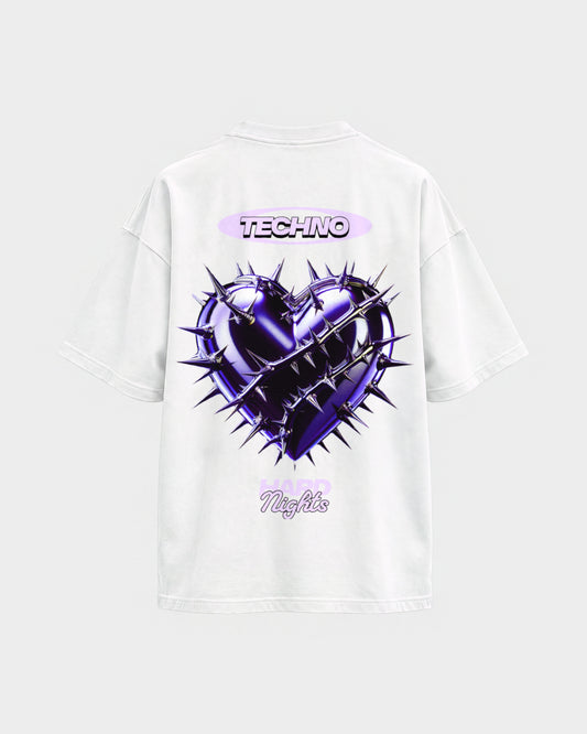 Techno Heart – Oversized Shirt in Weiß, Rückenprint – Hard Nights