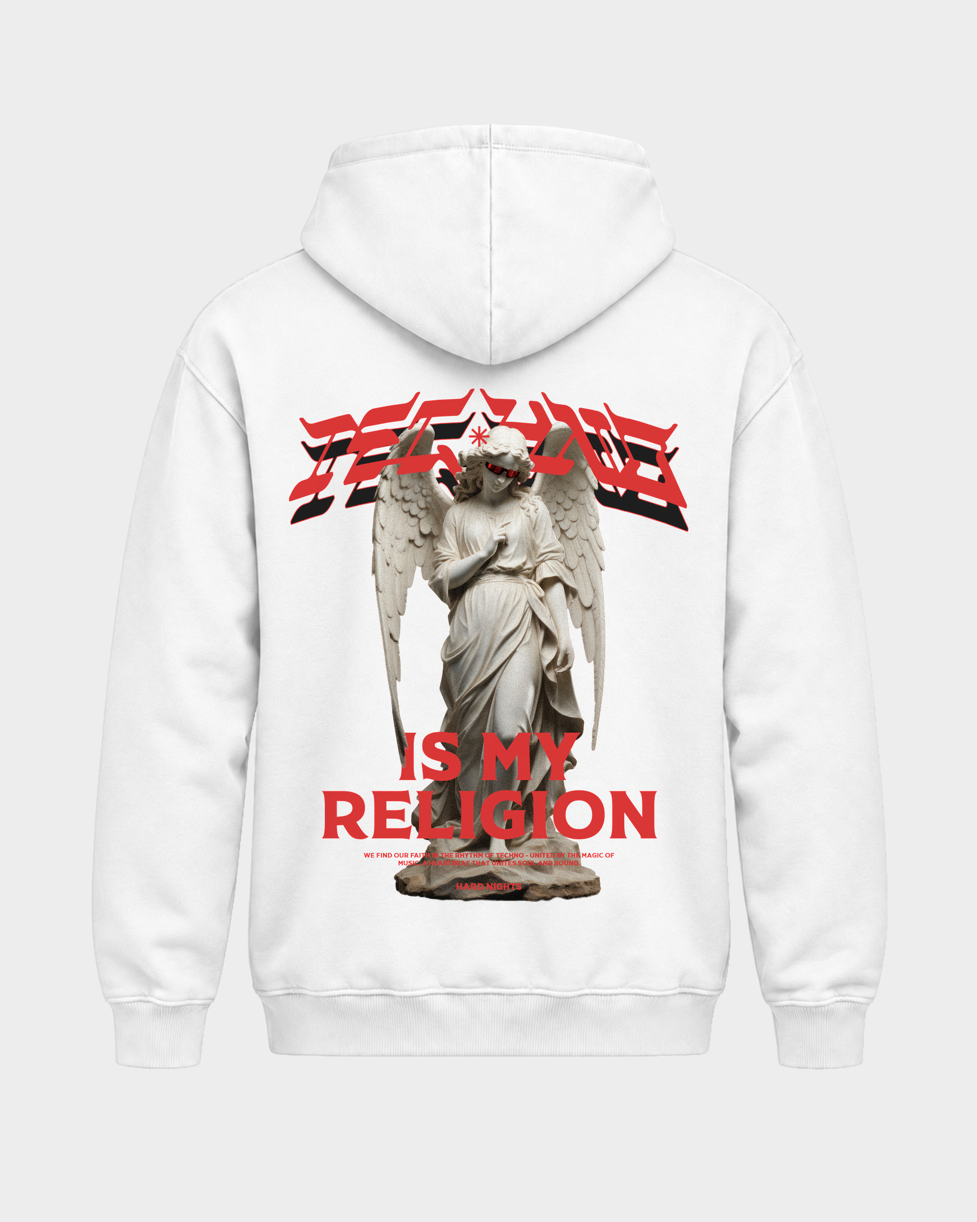 Techno is my religion – Basic Hoodie in Arctic White – Rückansicht