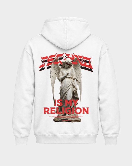 Techno is my religion – Basic Hoodie in Arctic White – Rückansicht