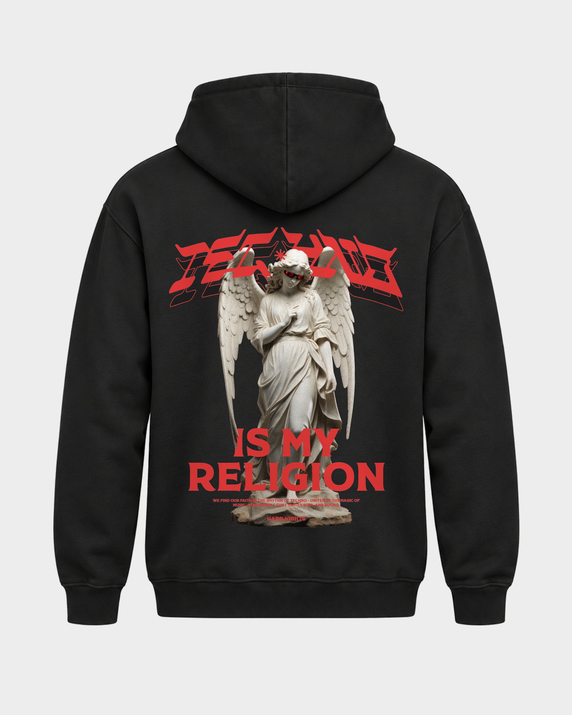 Techno is my religion – Basic Hoodie in Jet Black – Rückansicht