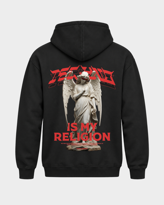 Techno is my religion – Basic Hoodie in Jet Black – Rückansicht