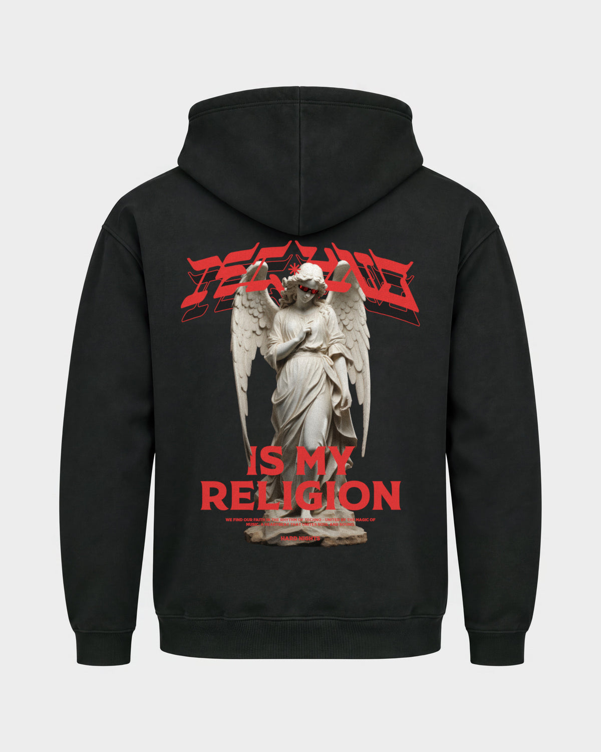 Techno is my religion – Basic Hoodie in Schwarz, Rückenprint – Hard Nights