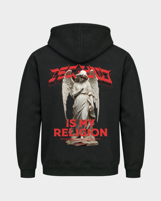 Techno is my religion – Basic Hoodie in Schwarz, Rückenprint – Hard Nights