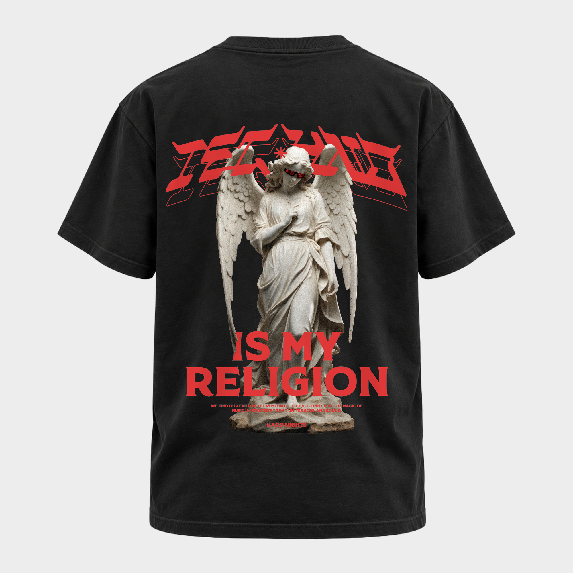Techno is my religion – Basic Shirt in Black – Rückansicht