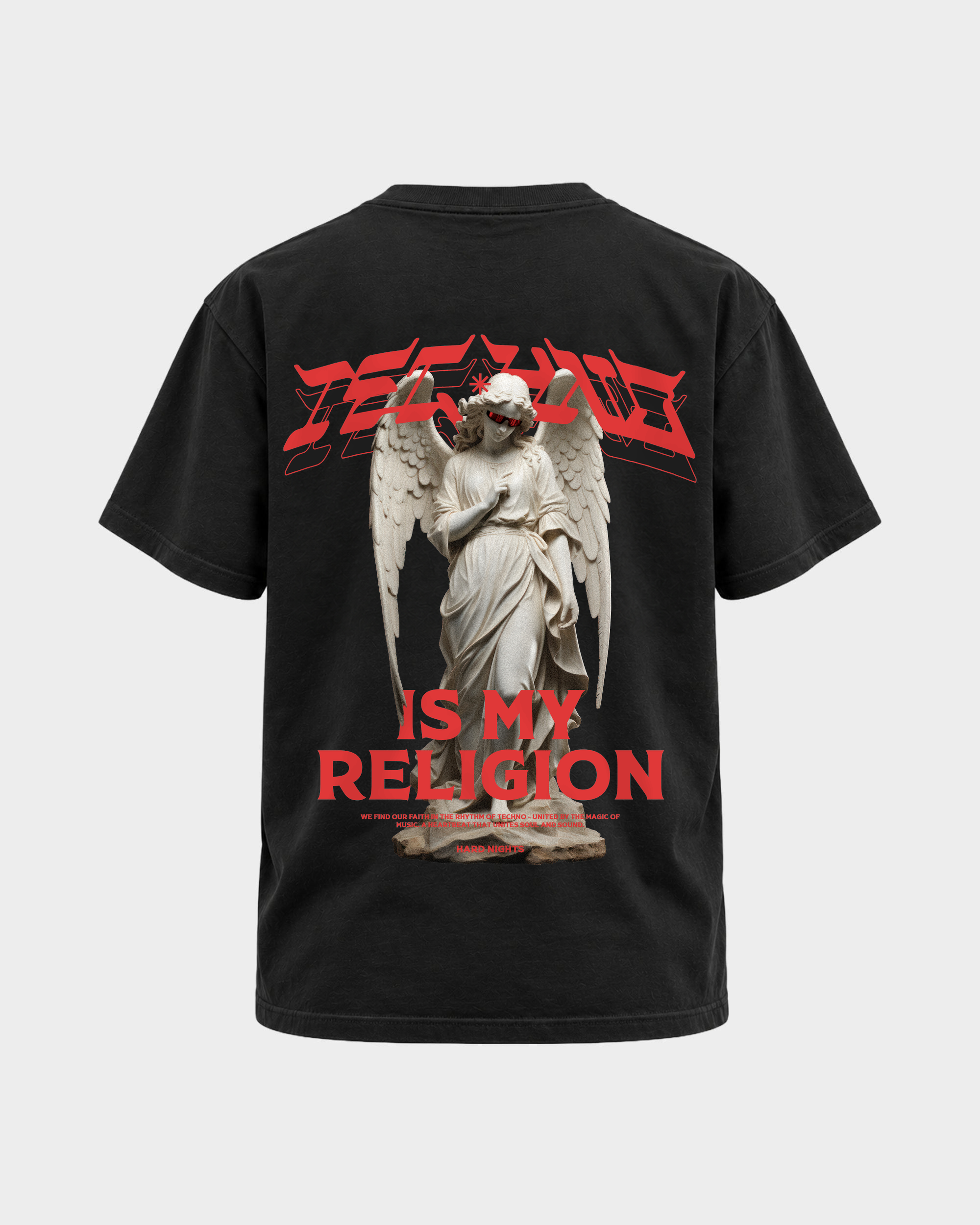 Techno is my religion – Basic Shirt in Black – Rückansicht