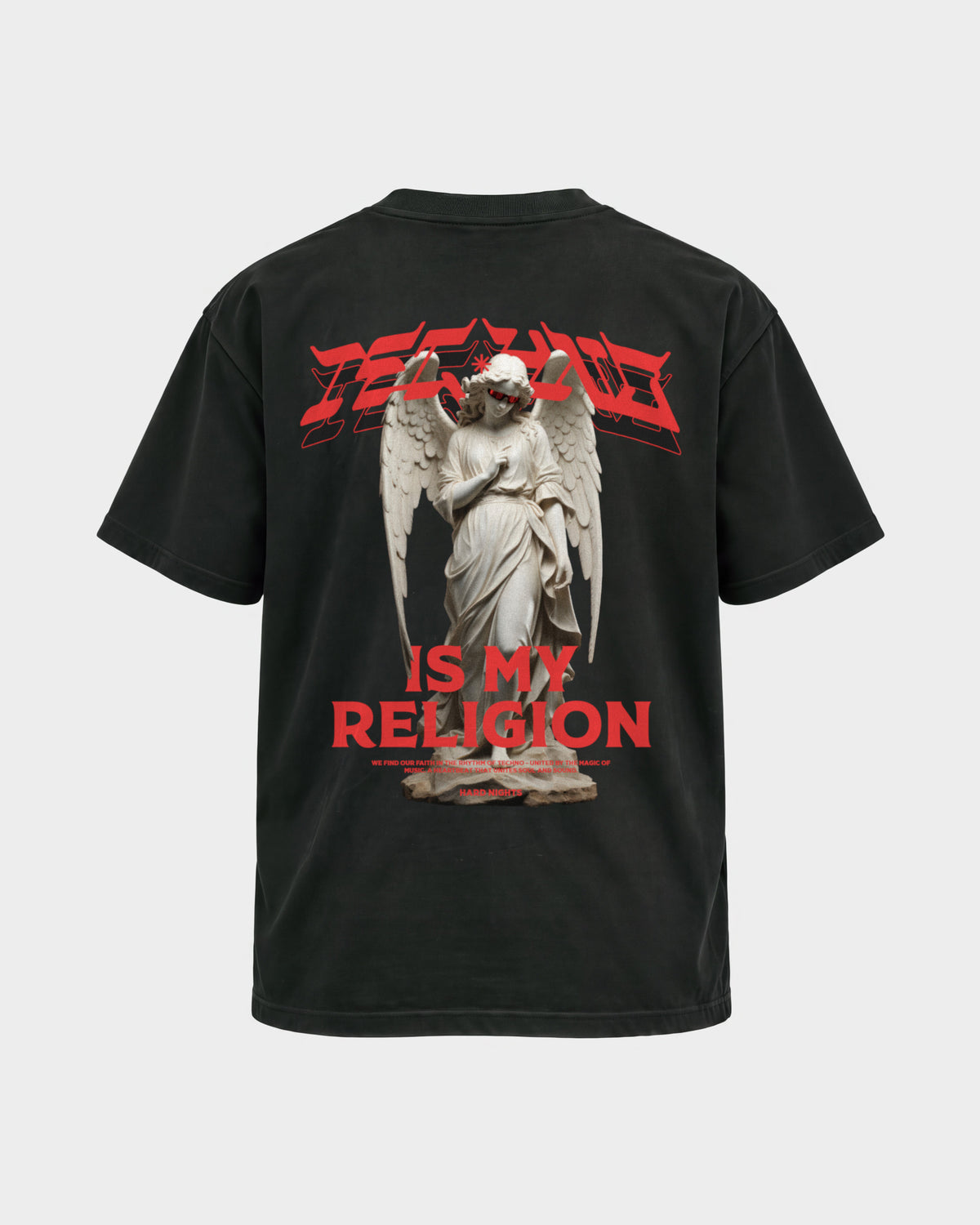Techno is my religion – Basic Shirt in Schwarz, Rückenprint – Hard Nights