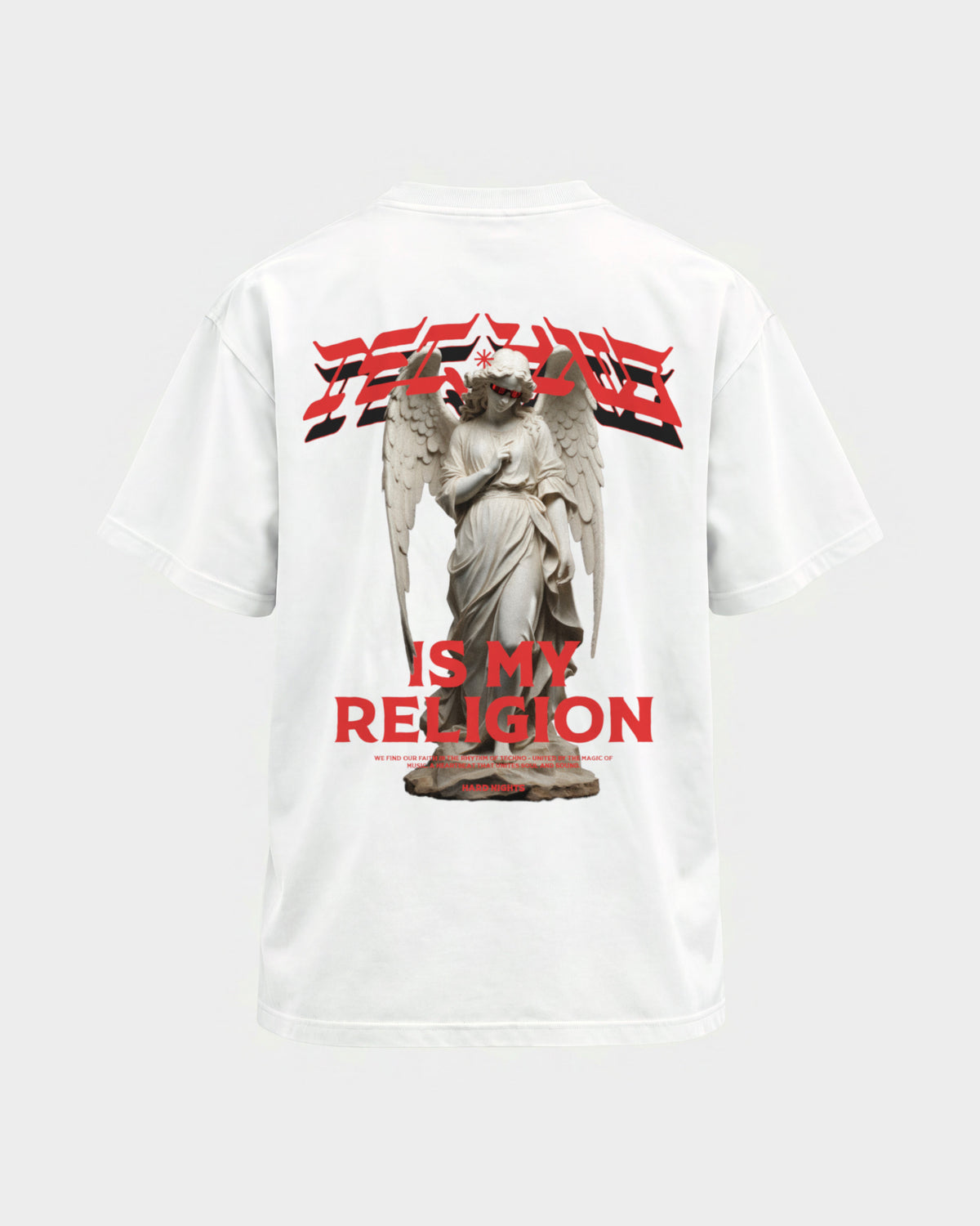 Techno is my religion – Basic Shirt in Weiß, Rückenprint – Hard Nights