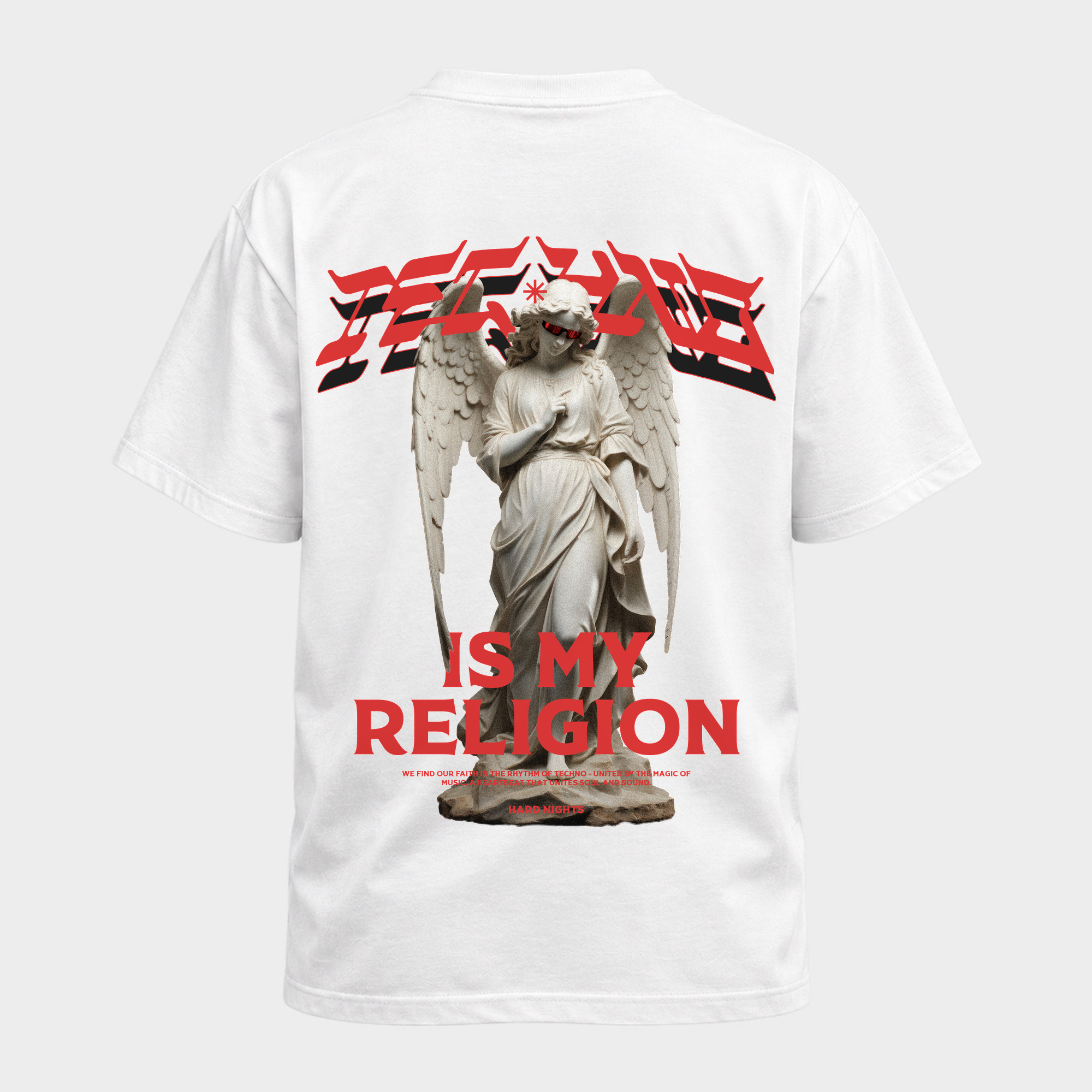 Techno is my religion – Basic Shirt in White – Rückansicht