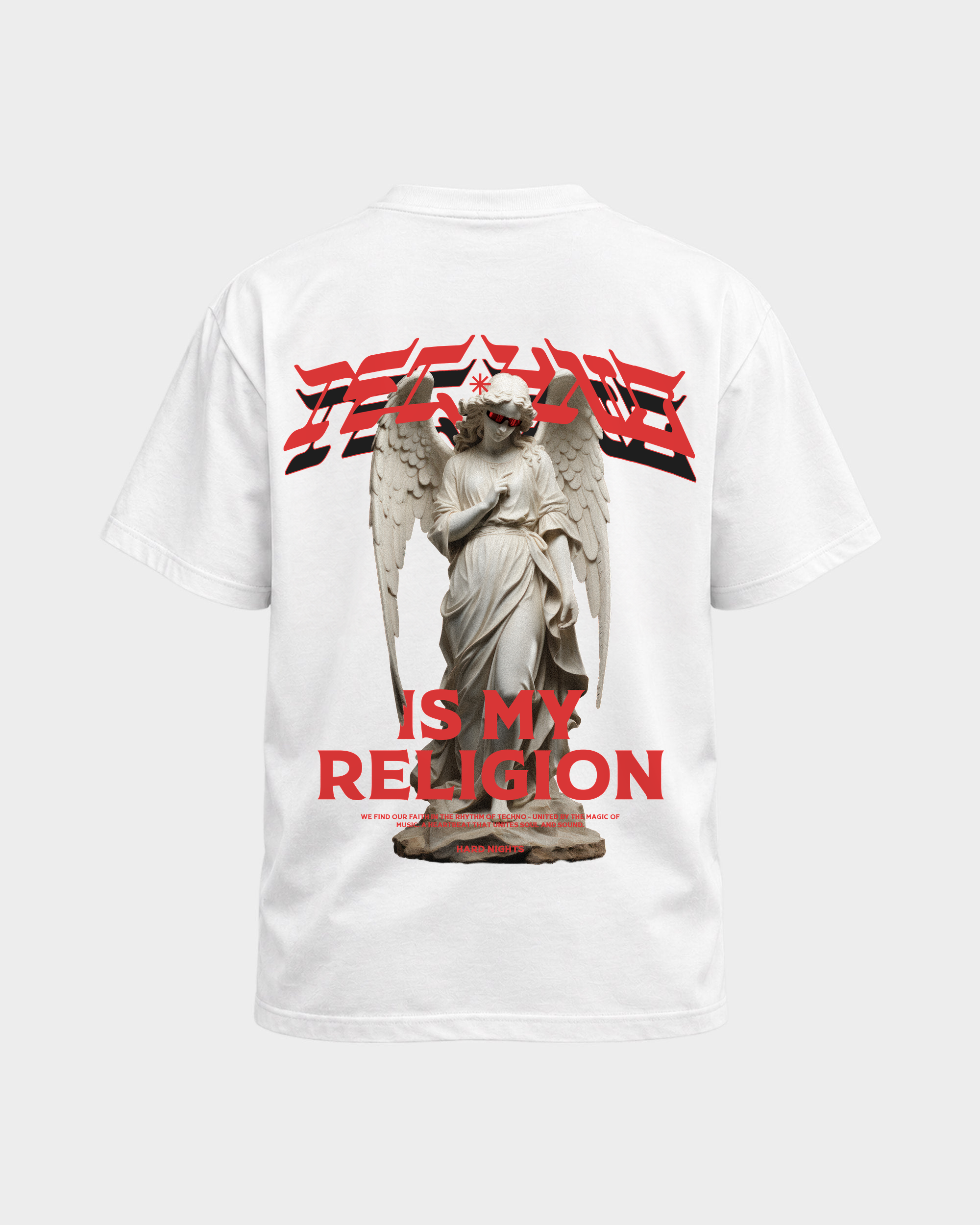 Techno is my religion – Basic Shirt in White – Rückansicht