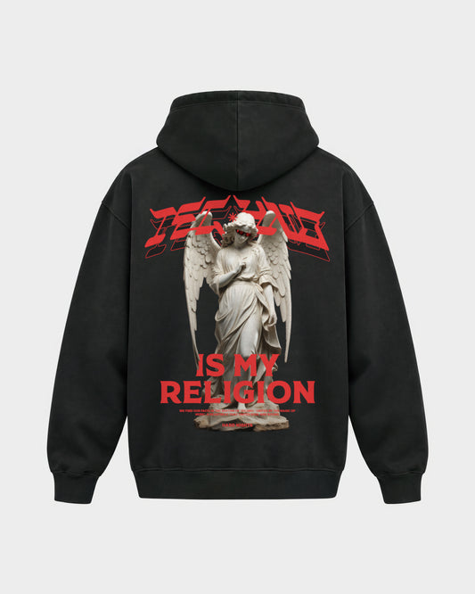 Techno is my religion – Oversized Hoodie in Schwarz, Rückenprint – Hard Nights
