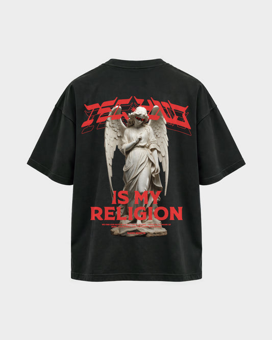 Techno is my religion – Oversized Shirt in Schwarz, Rückenprint – Hard Nights