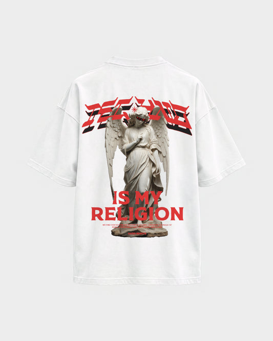 Techno is my religion – Oversized Shirt in Weiß, Rückenprint – Hard Nights