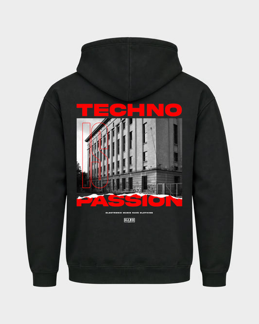 Techno is passion – Basic Hoodie in Schwarz, Rückenprint – Hard Nights