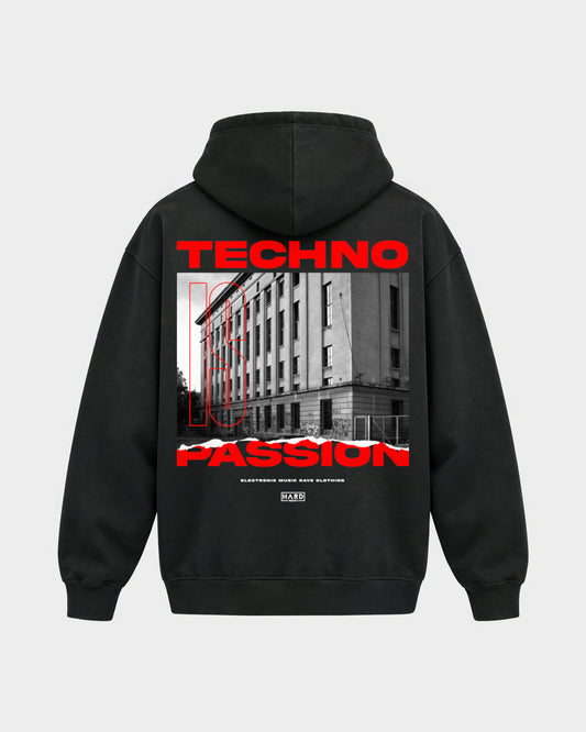 Techno is passion – Oversized Hoodie in Schwarz, Rückenprint – Hard Nights