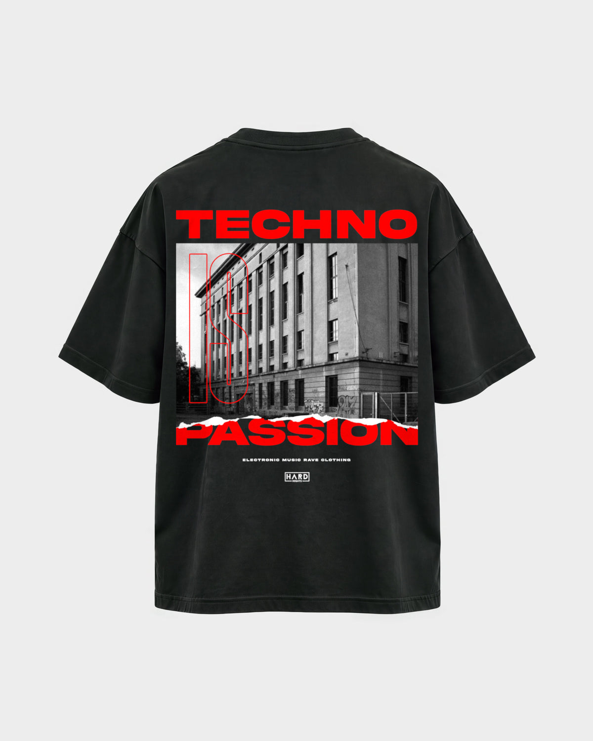 Techno is passion – Oversized Shirt in Schwarz, Rückenprint – Hard Nights