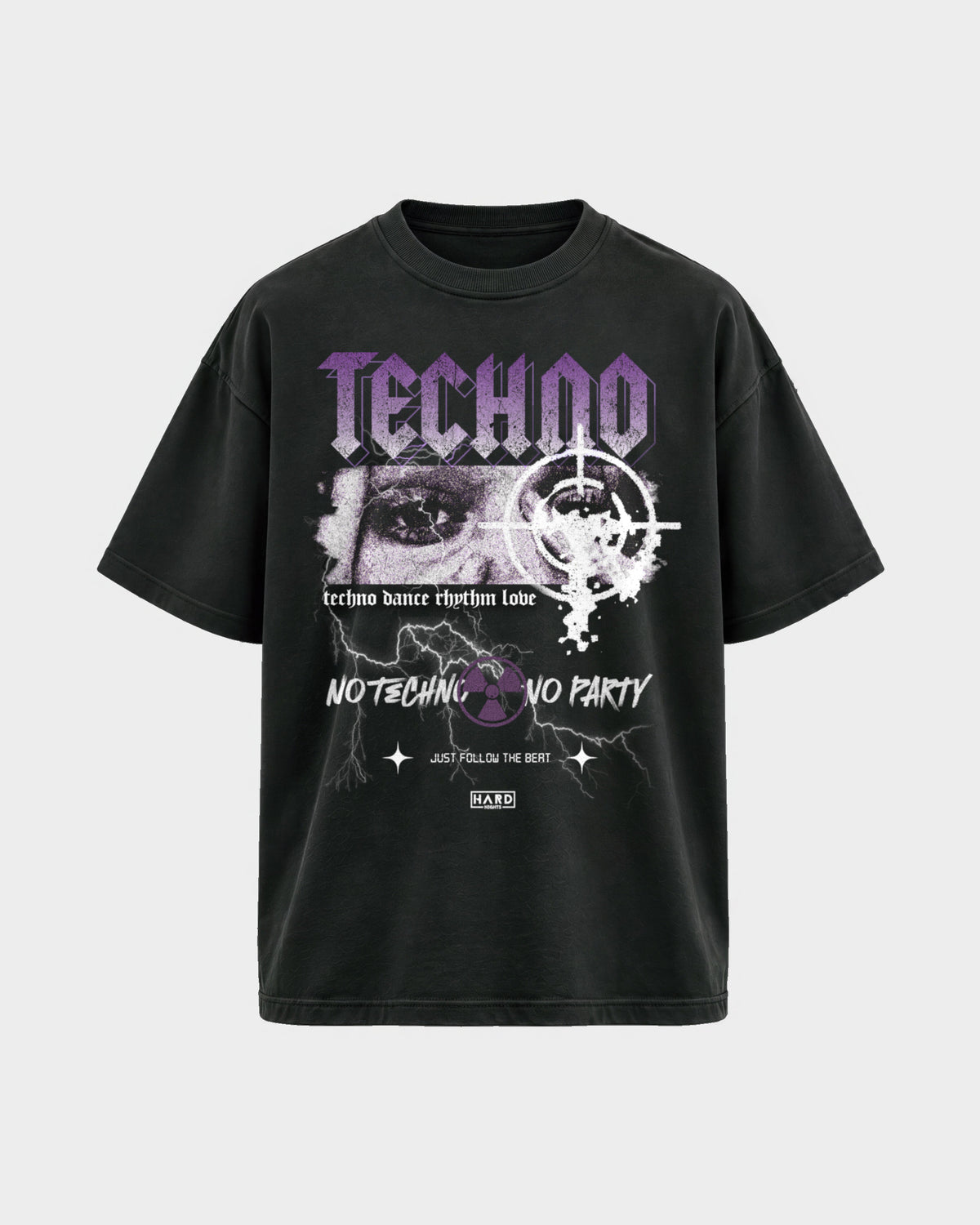 Techno love – Oversized Shirt in Schwarz, Frontprint – Hard Nights