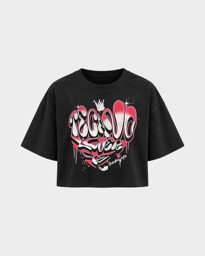 Techno lover 4ever – Crop Top in Schwarz – Vorderansicht