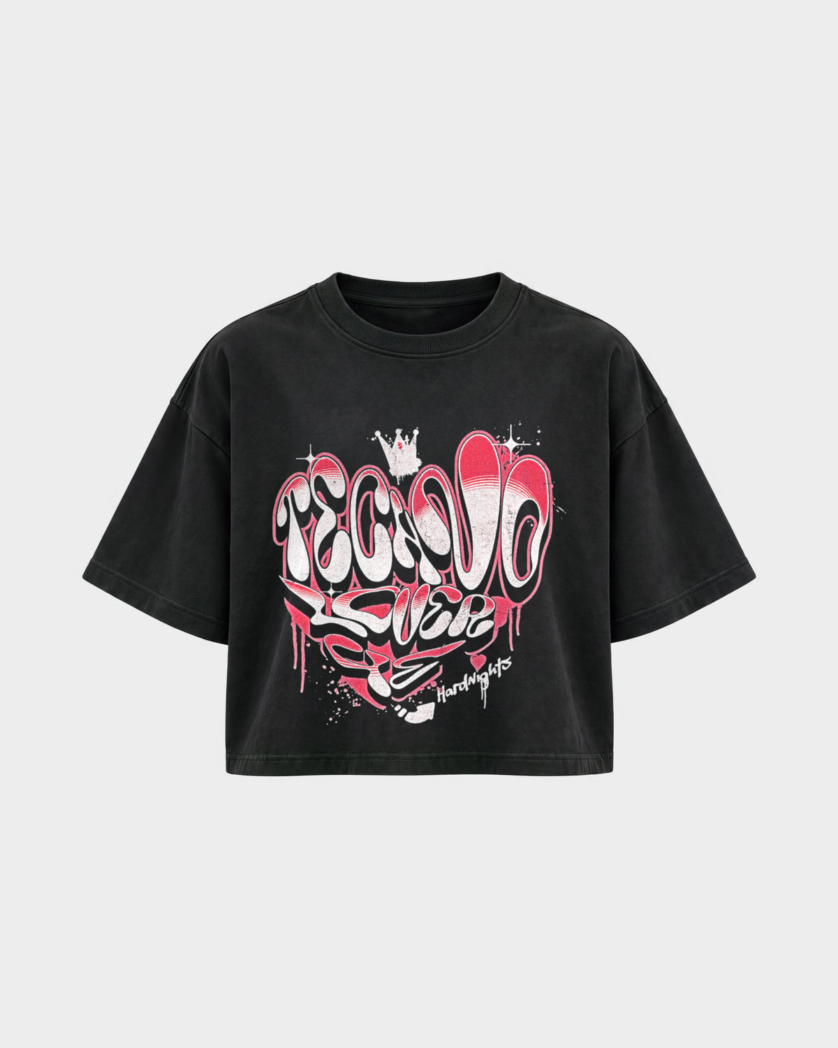 Techno lover 4ever – Oversized Crop Top in Schwarz, Frontprint – Hard Nights